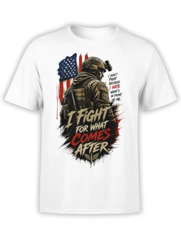 White soldier T-shirt featuring tactical gear, an American flag, and bold battle lettering in red and tan