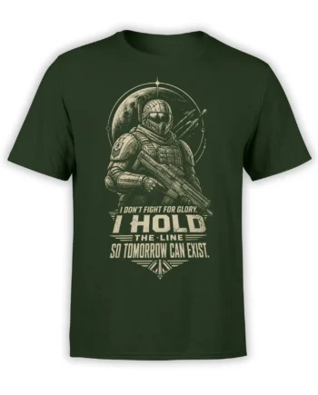 Green T-shirt with cream armored space soldier, rifle, planet, and “Hold the Line” message