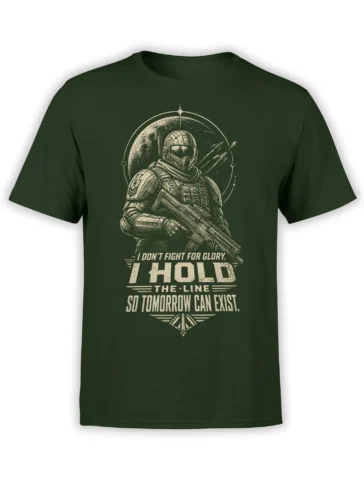 Green T-shirt with cream armored space soldier, rifle, planet, and “Hold the Line” message
