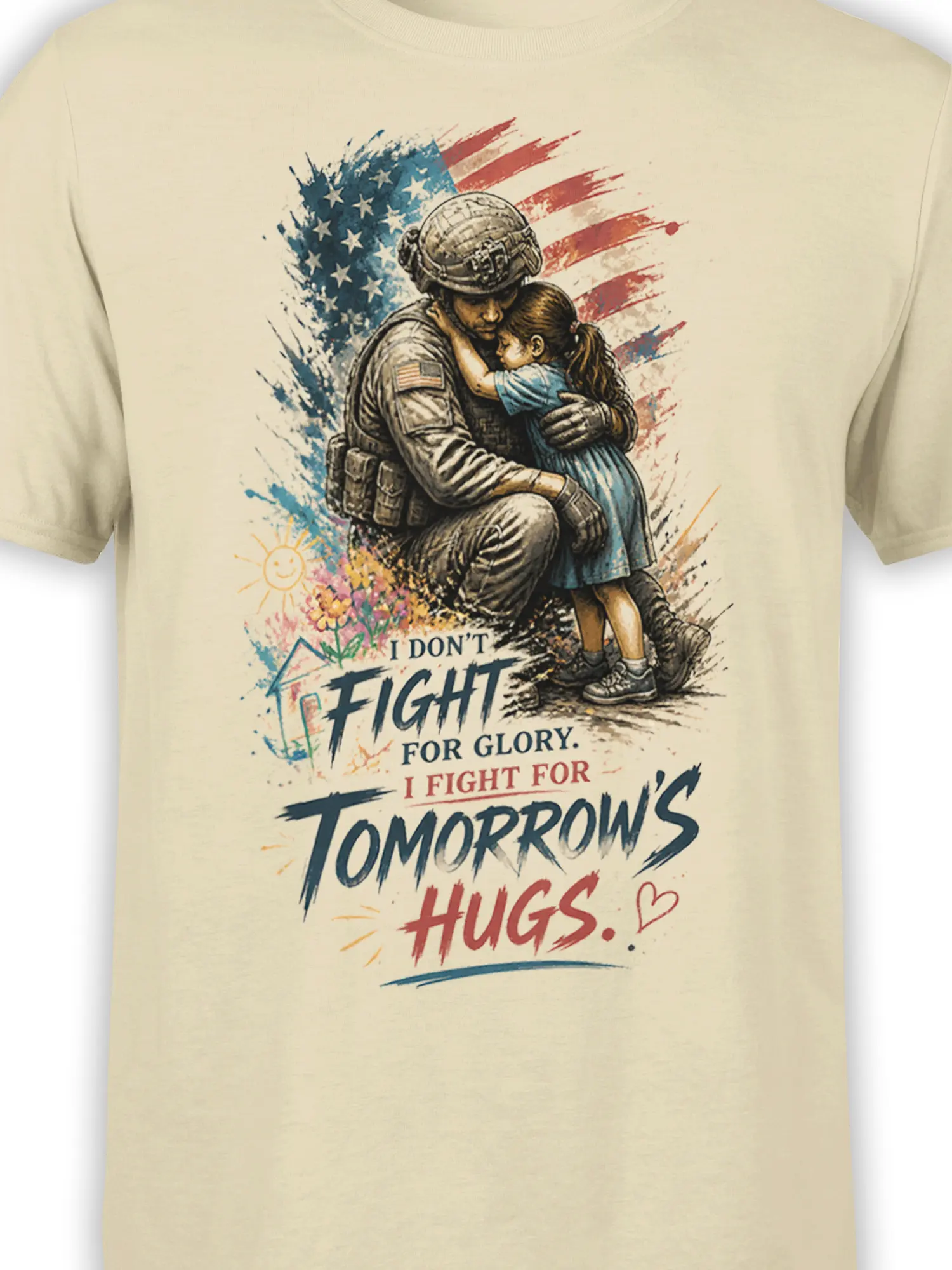 Close-up of soldier and child hug artwork on a beige patriotic military family T-shirt