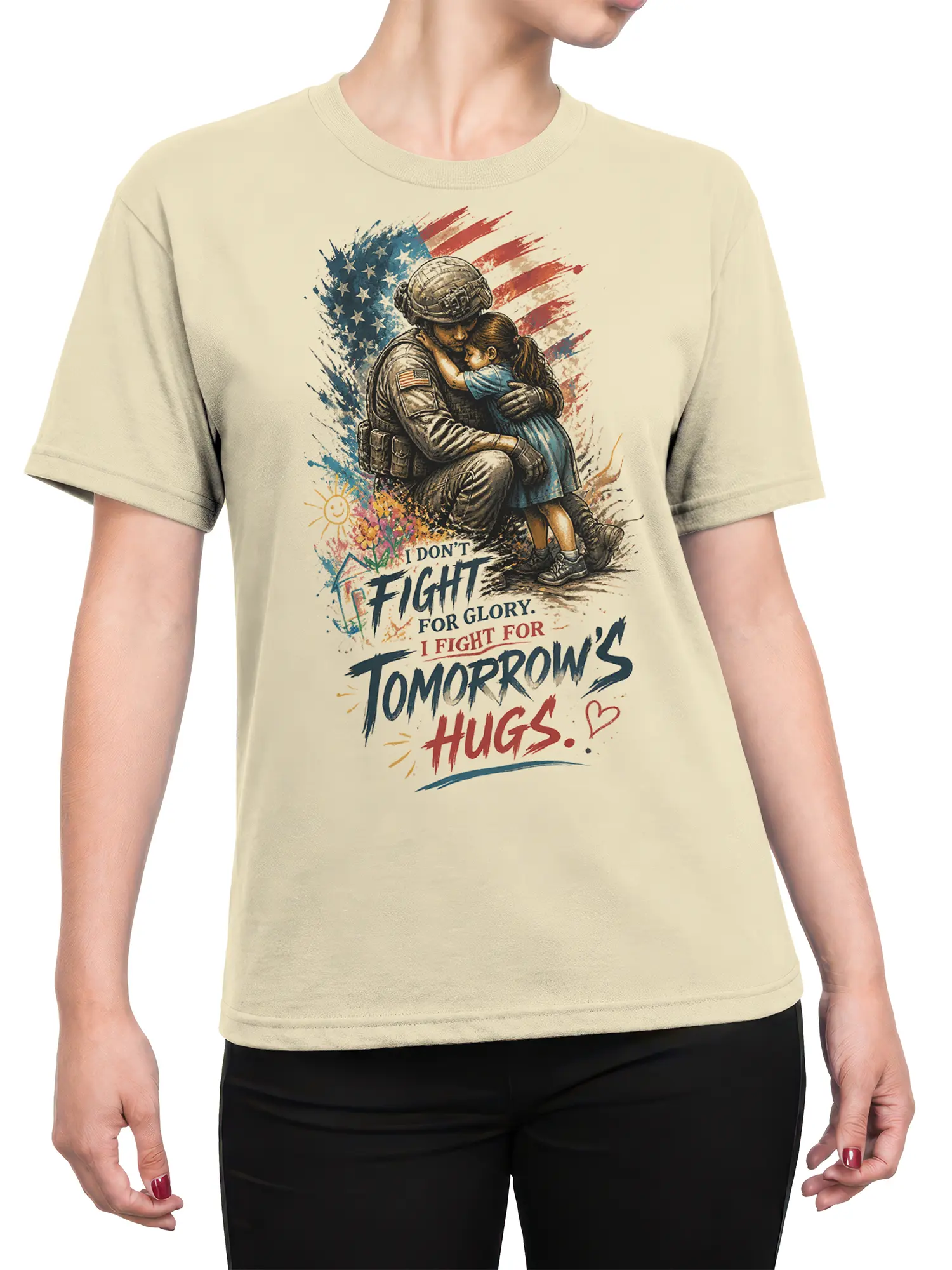 Female torso wearing a beige T-shirt with soldier and child hug artwork and an American flag