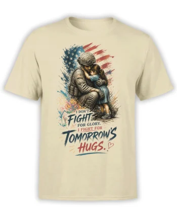 Beige soldier T-shirt showing a uniformed soldier hugging a young girl beneath an American flag