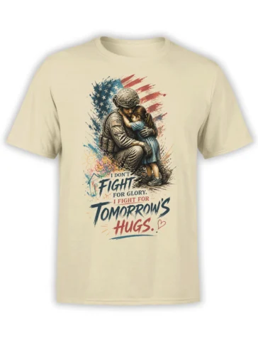 Beige soldier T-shirt showing a uniformed soldier hugging a young girl beneath an American flag