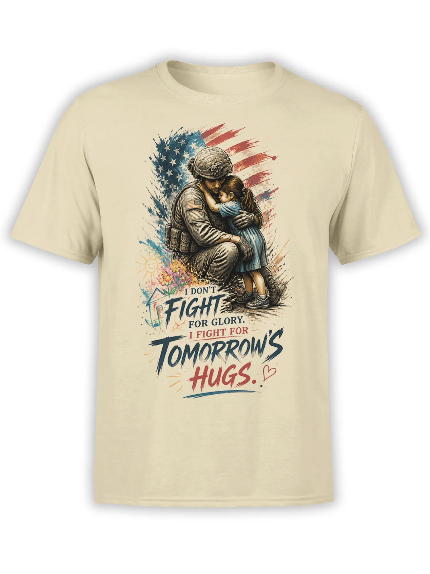 Beige soldier T-shirt showing a uniformed soldier hugging a young girl beneath an American flag