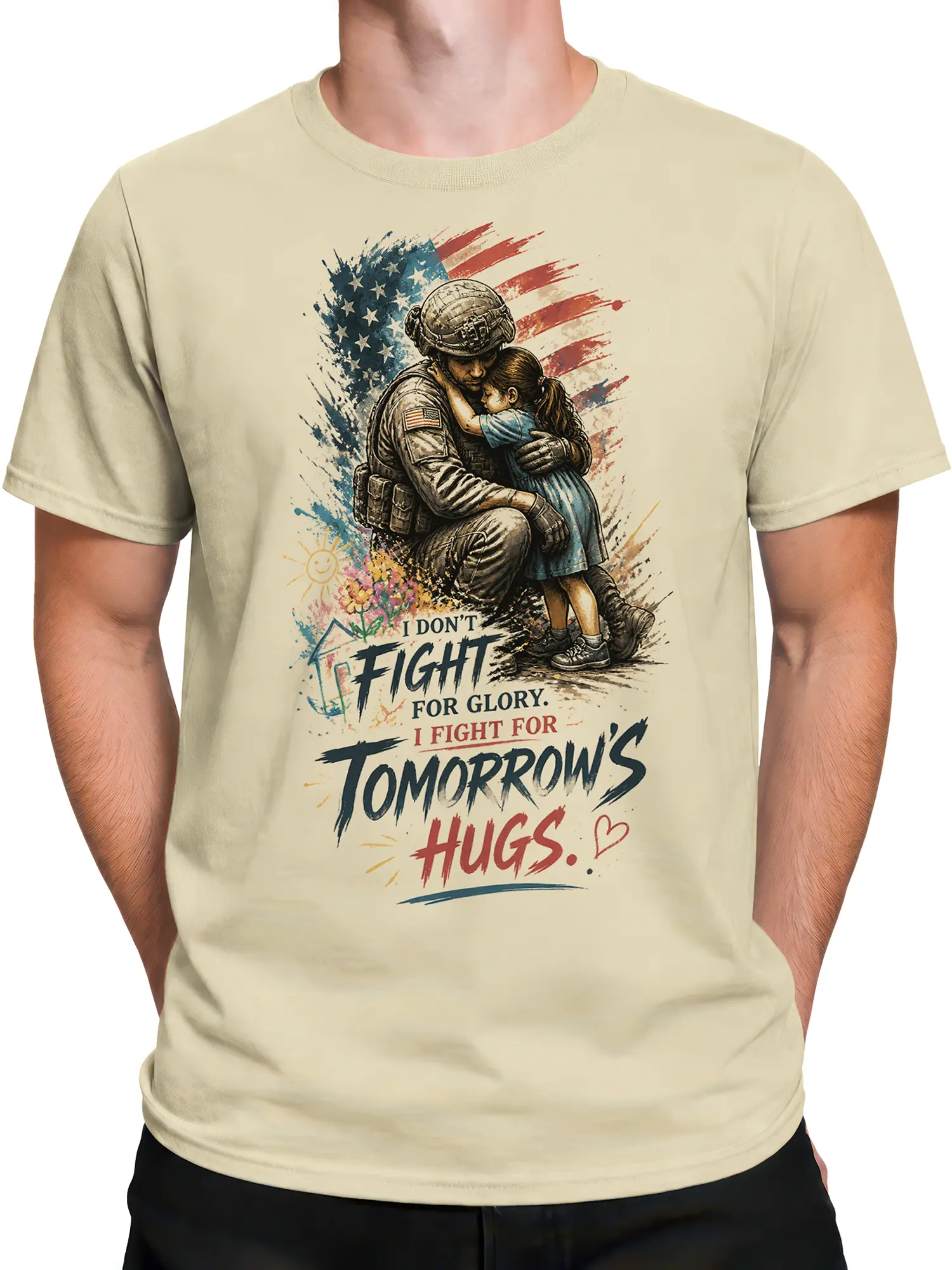 Male torso wearing a beige soldier T-shirt with child embrace and American flag artwork