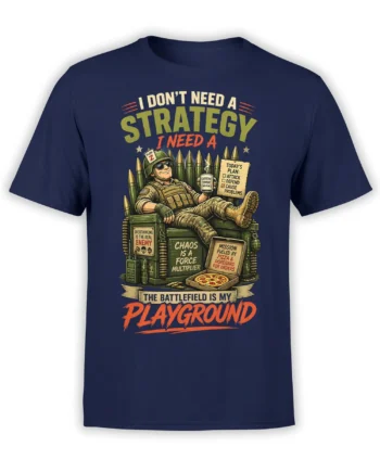 Chaos military T-shirt with relaxed soldier, coffee, pizza, ammunition, and battlefield slogans on navy fabric