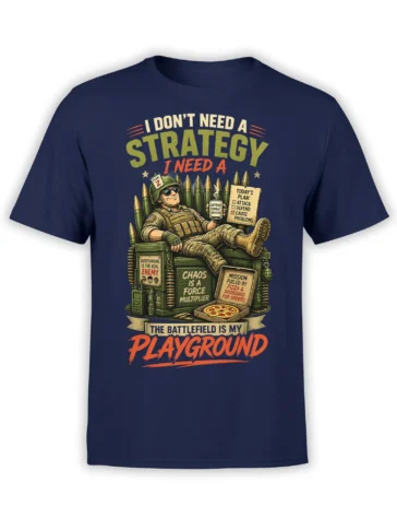 Chaos military T-shirt with relaxed soldier, coffee, pizza, ammunition, and battlefield slogans on navy fabric
