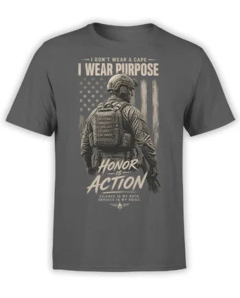 Gray soldier T-shirt with tactical figure, American flag, and bold Honor Is Action lettering