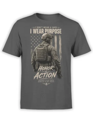 Gray soldier T-shirt with tactical figure, American flag, and bold Honor Is Action lettering