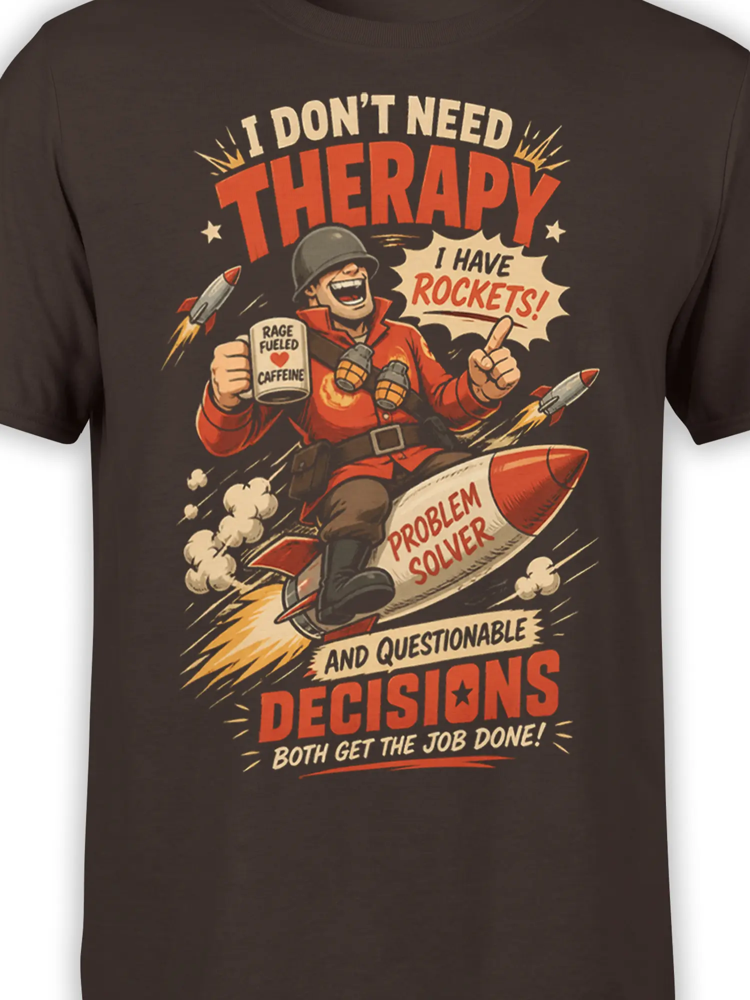 Close-up of the rocket-riding soldier, caffeine mug, red rockets, and vintage comic lettering on a brown shirt