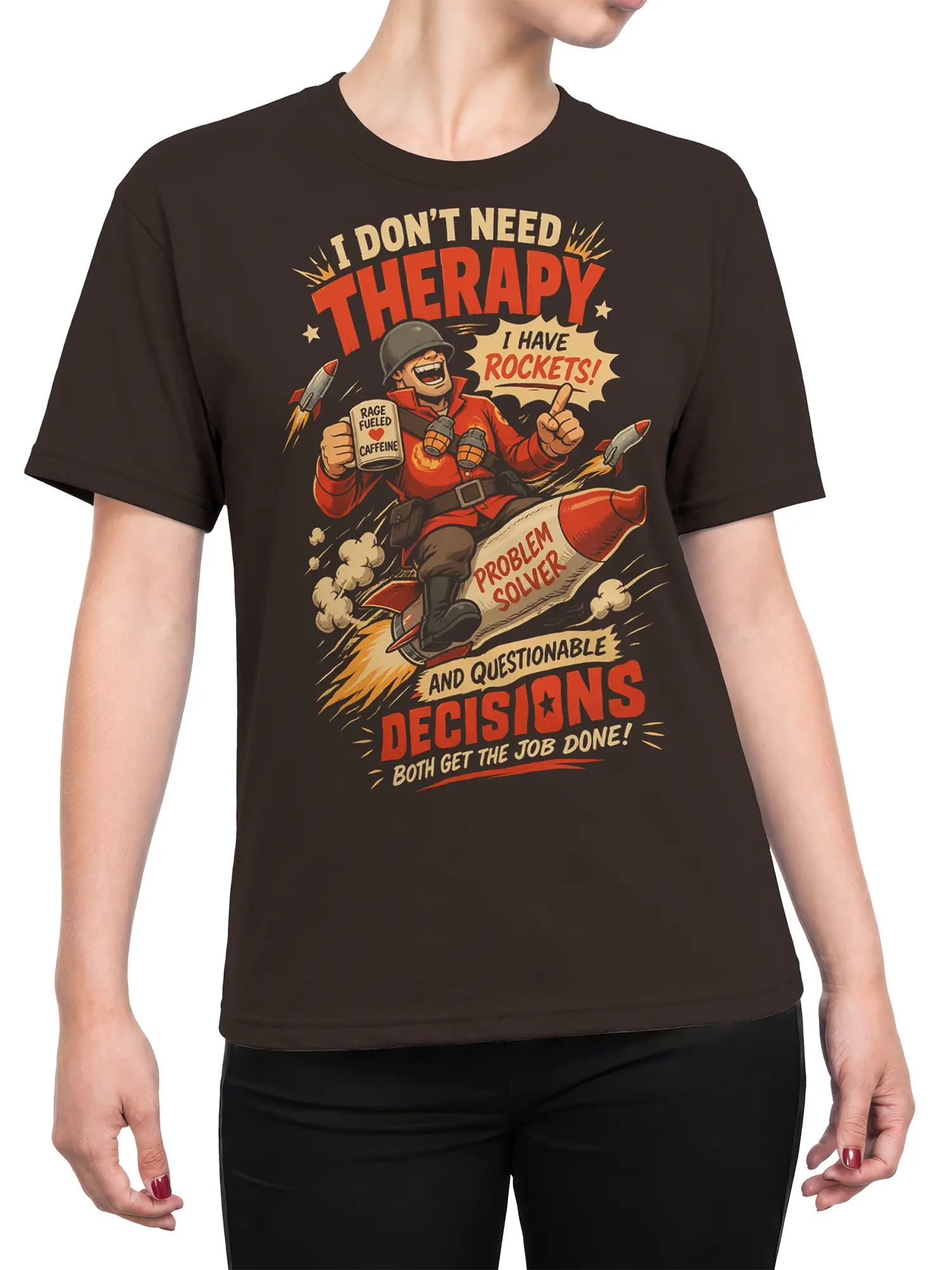 Female torso wearing a dark brown T-shirt with a vintage rocket soldier and caffeine humor graphic
