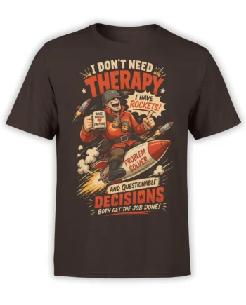Vintage comic soldier riding a rocket with caffeine humor and questionable decisions text on a dark brown T-shirt