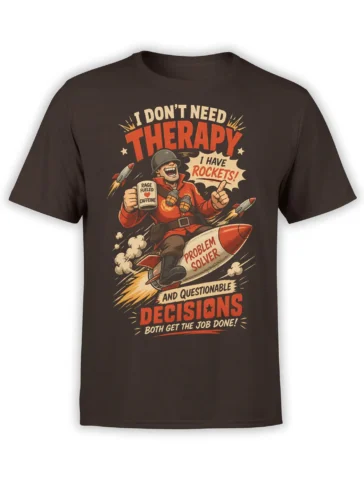 Vintage comic soldier riding a rocket with caffeine humor and questionable decisions text on a dark brown T-shirt