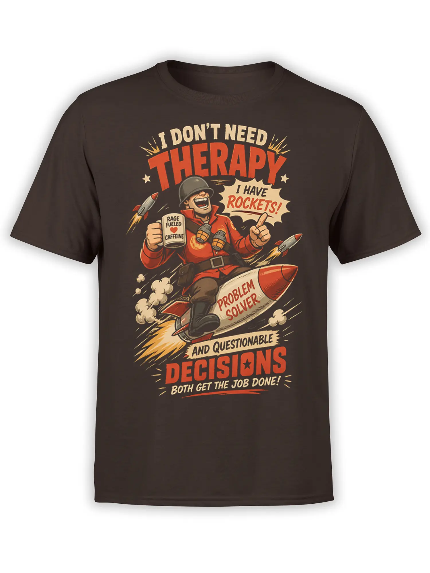 Vintage comic soldier riding a rocket with caffeine humor and questionable decisions text on a dark brown T-shirt