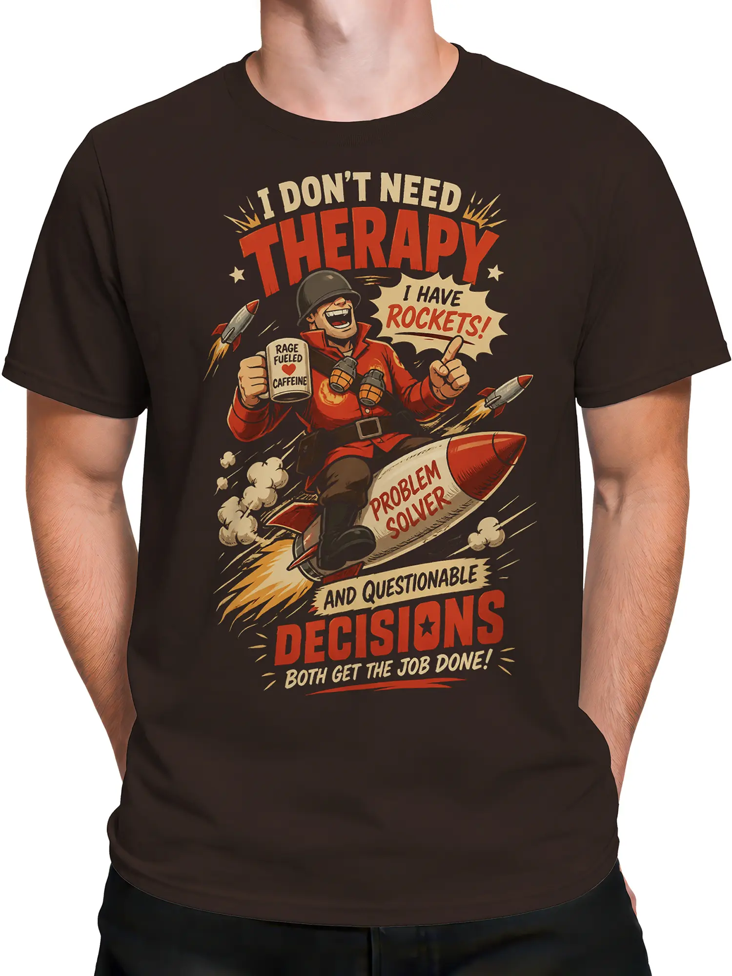 Male torso wearing a dark brown T-shirt with a funny vintage rocket soldier graphic