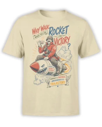 Beige T-shirt with vintage soldier riding a grinning rocket and bold courage, victory, and trajectory lettering