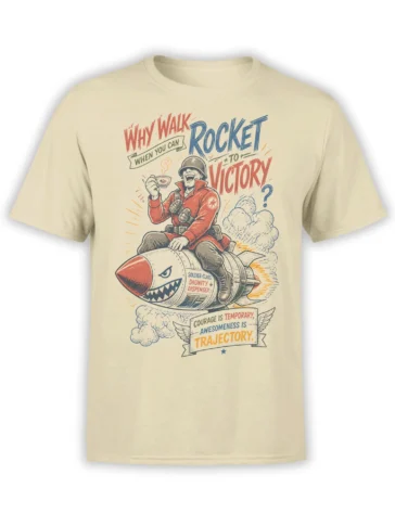 Beige T-shirt with vintage soldier riding a grinning rocket and bold courage, victory, and trajectory lettering