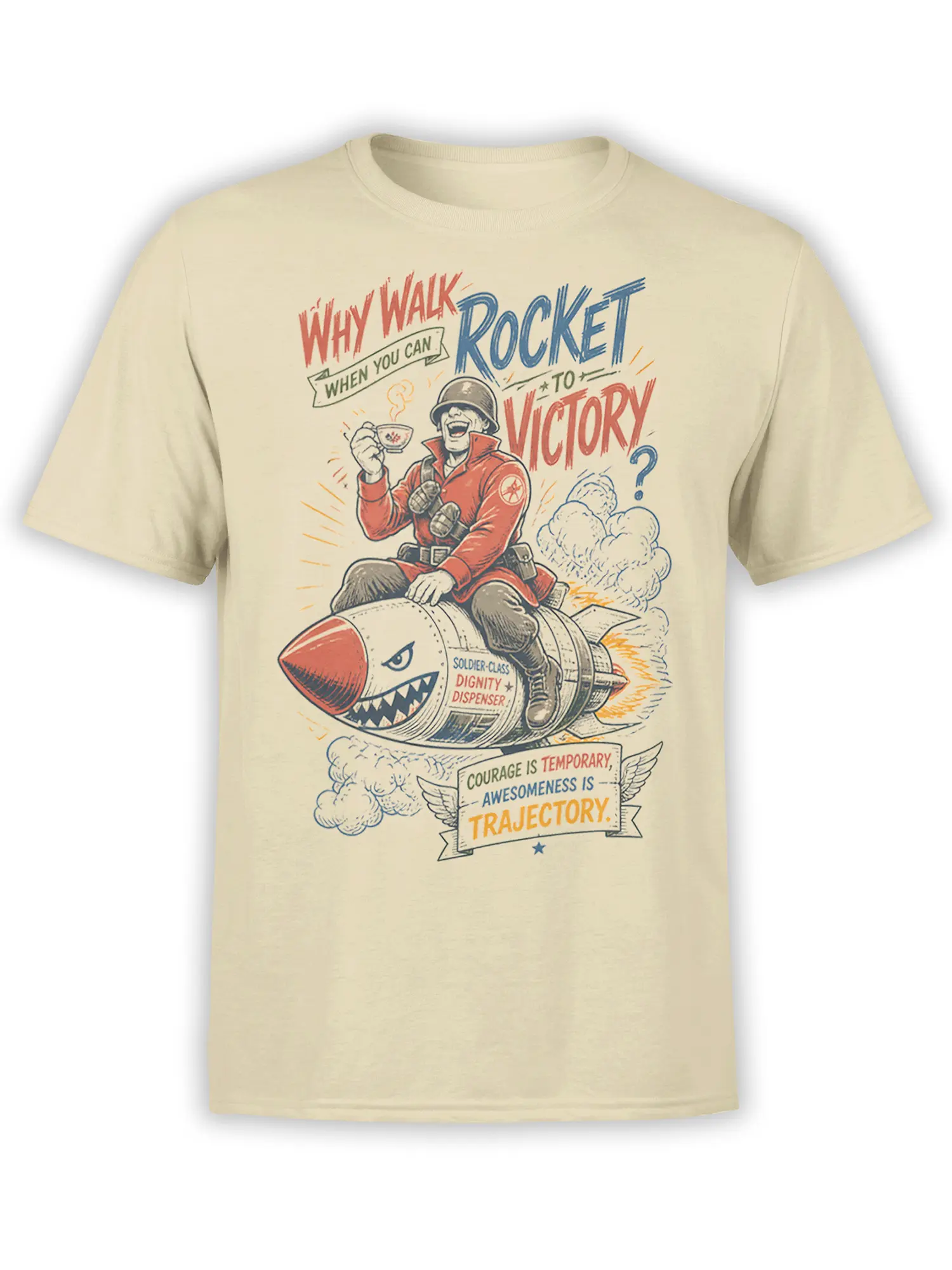 Beige T-shirt with vintage soldier riding a grinning rocket and bold courage, victory, and trajectory lettering