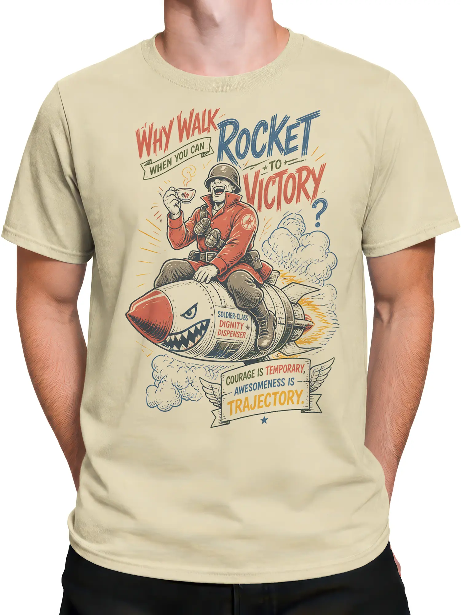 Male torso wearing a beige T-shirt with a vintage soldier riding a rocket through clouds