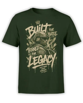 Dark green soldier T-shirt with crowned armored helmet artwork and bold Built for Battle lettering