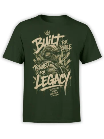 Dark green soldier T-shirt with crowned armored helmet artwork and bold Built for Battle lettering