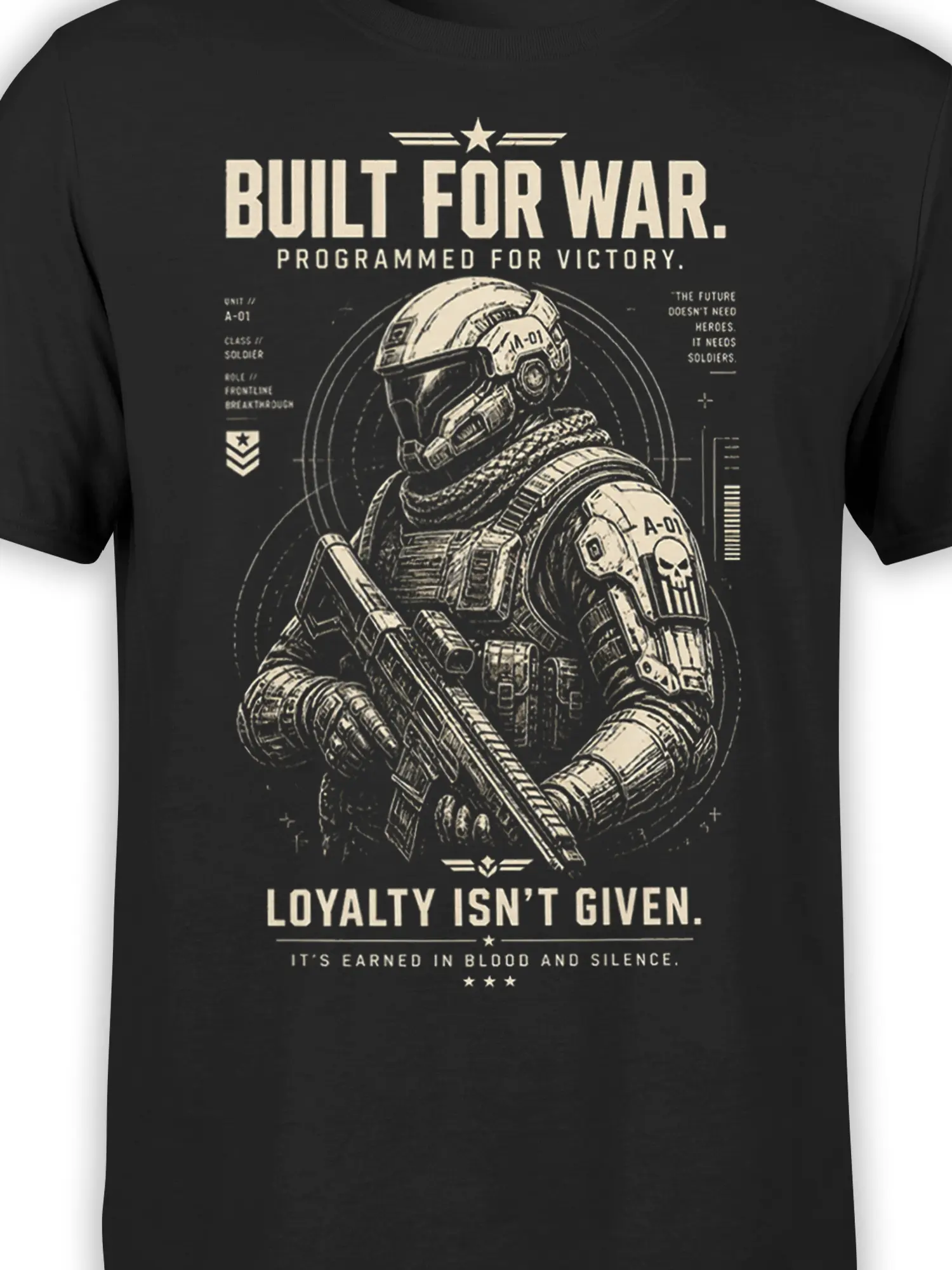 Close-up of armored futuristic soldier artwork, rifle, skull emblem, and loyalty text on black T-shirt