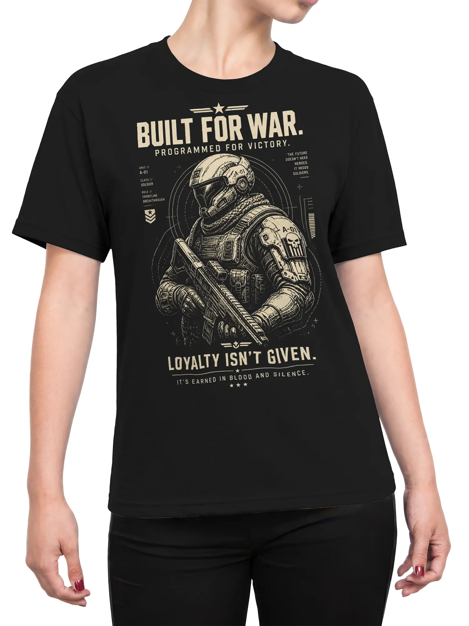 Female torso wearing black T-shirt with futuristic armored soldier and military graphic design