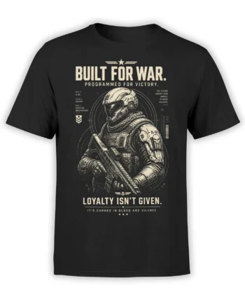 Futuristic armored soldier holding a rifle on black T-shirt with bold cream military lettering