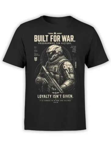 Futuristic armored soldier holding a rifle on black T-shirt with bold cream military lettering