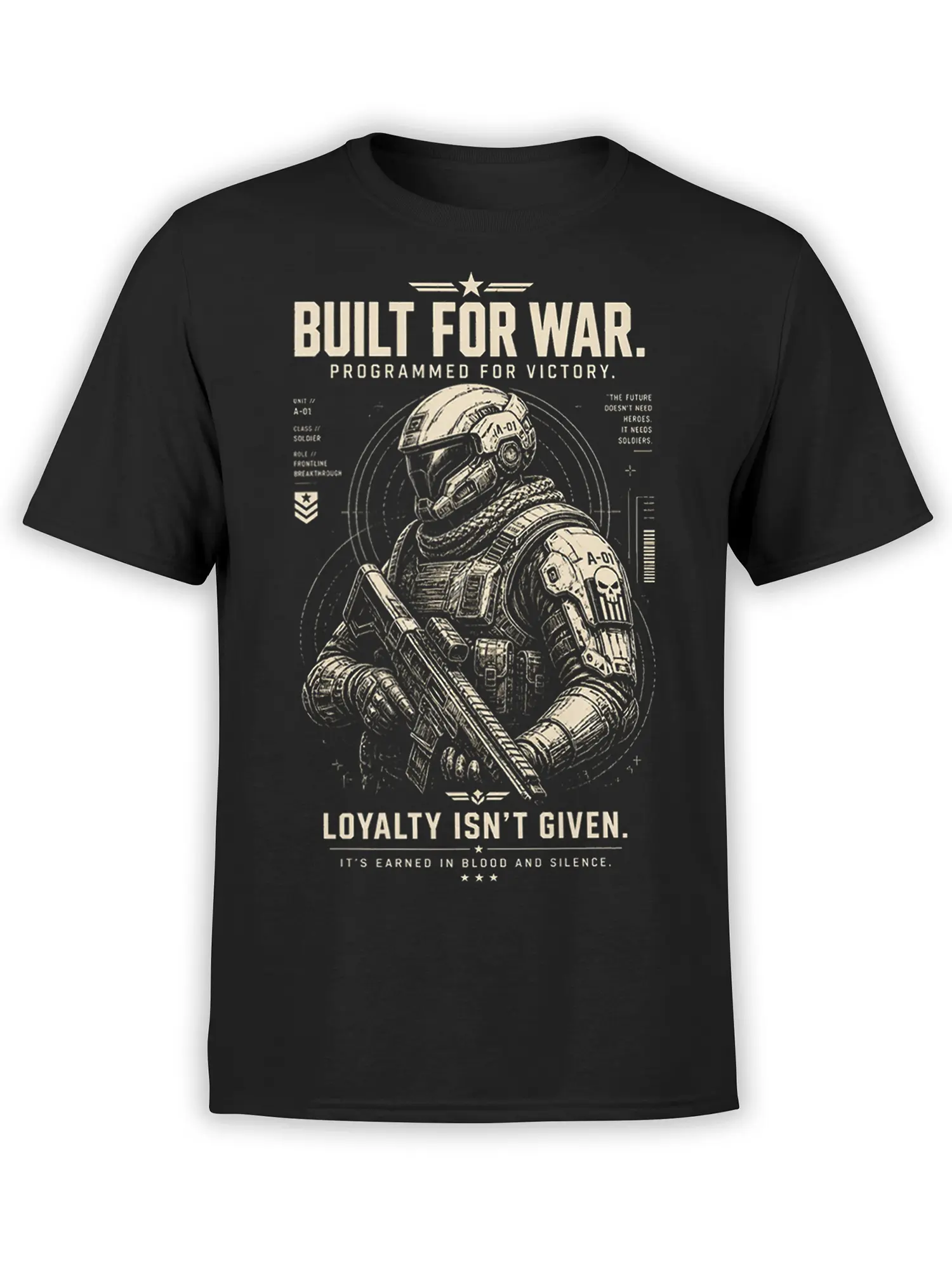 Futuristic armored soldier holding a rifle on black T-shirt with bold cream military lettering