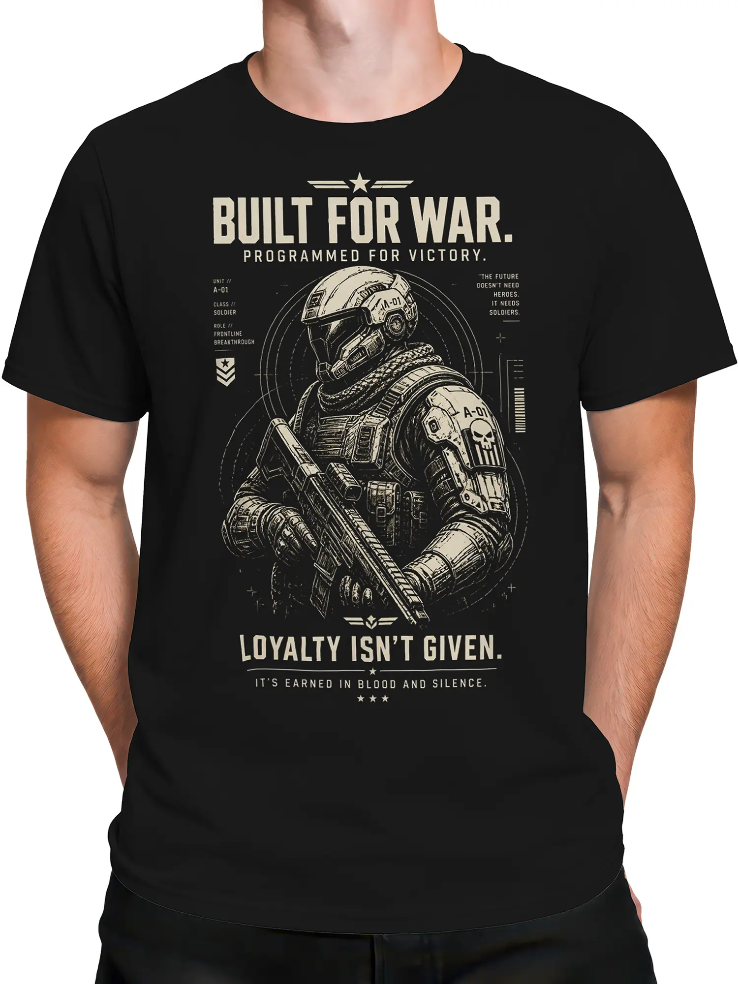Male torso wearing black T-shirt with futuristic soldier, rifle, and cream military lettering