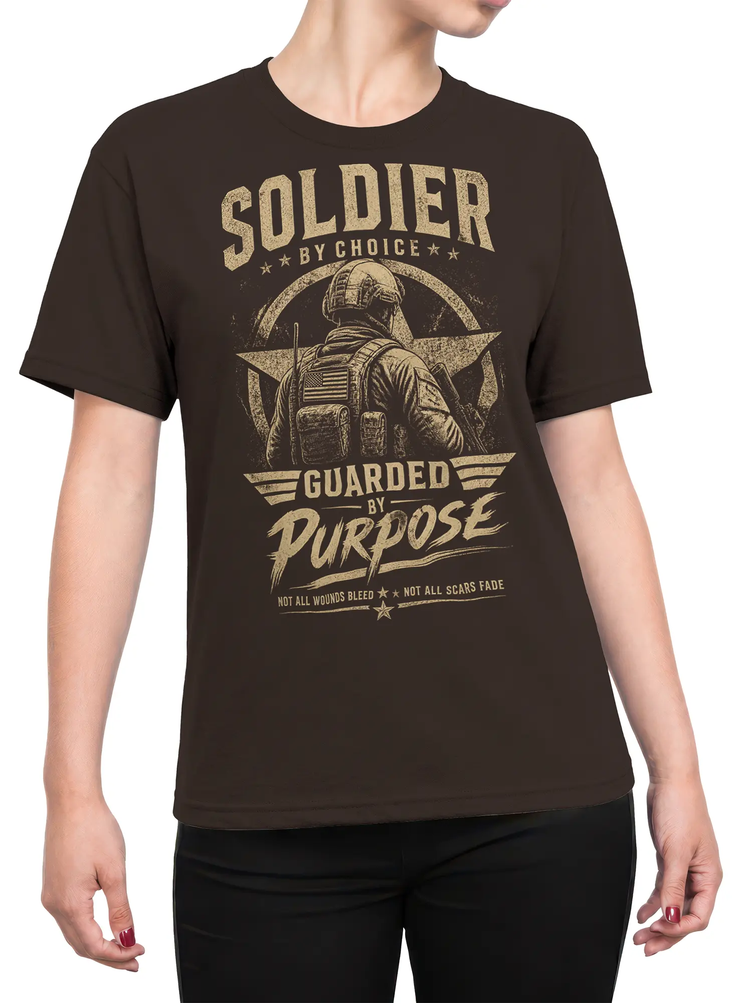 Female torso wearing a brown soldier T-shirt with a distressed star emblem and purpose-driven military message