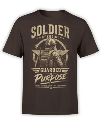 Brown soldier T-shirt with vintage distressed star graphic, American flag patch, and the words guarded by purpose