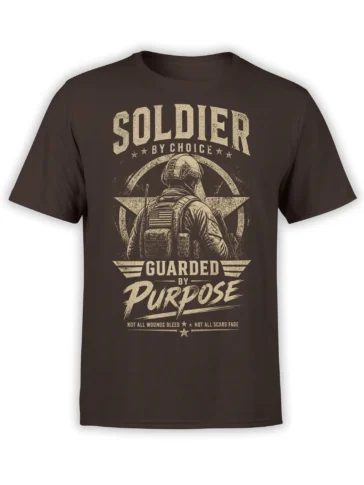 Brown soldier T-shirt with vintage distressed star graphic, American flag patch, and the words guarded by purpose