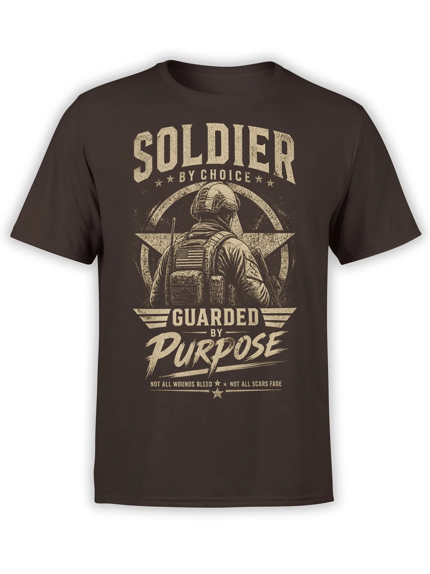 Brown soldier T-shirt with vintage distressed star graphic, American flag patch, and the words guarded by purpose