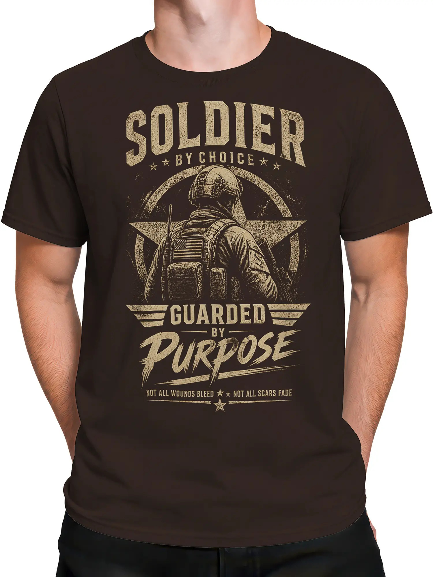 Male torso wearing a brown vintage soldier T-shirt with distressed military artwork and a message about scars