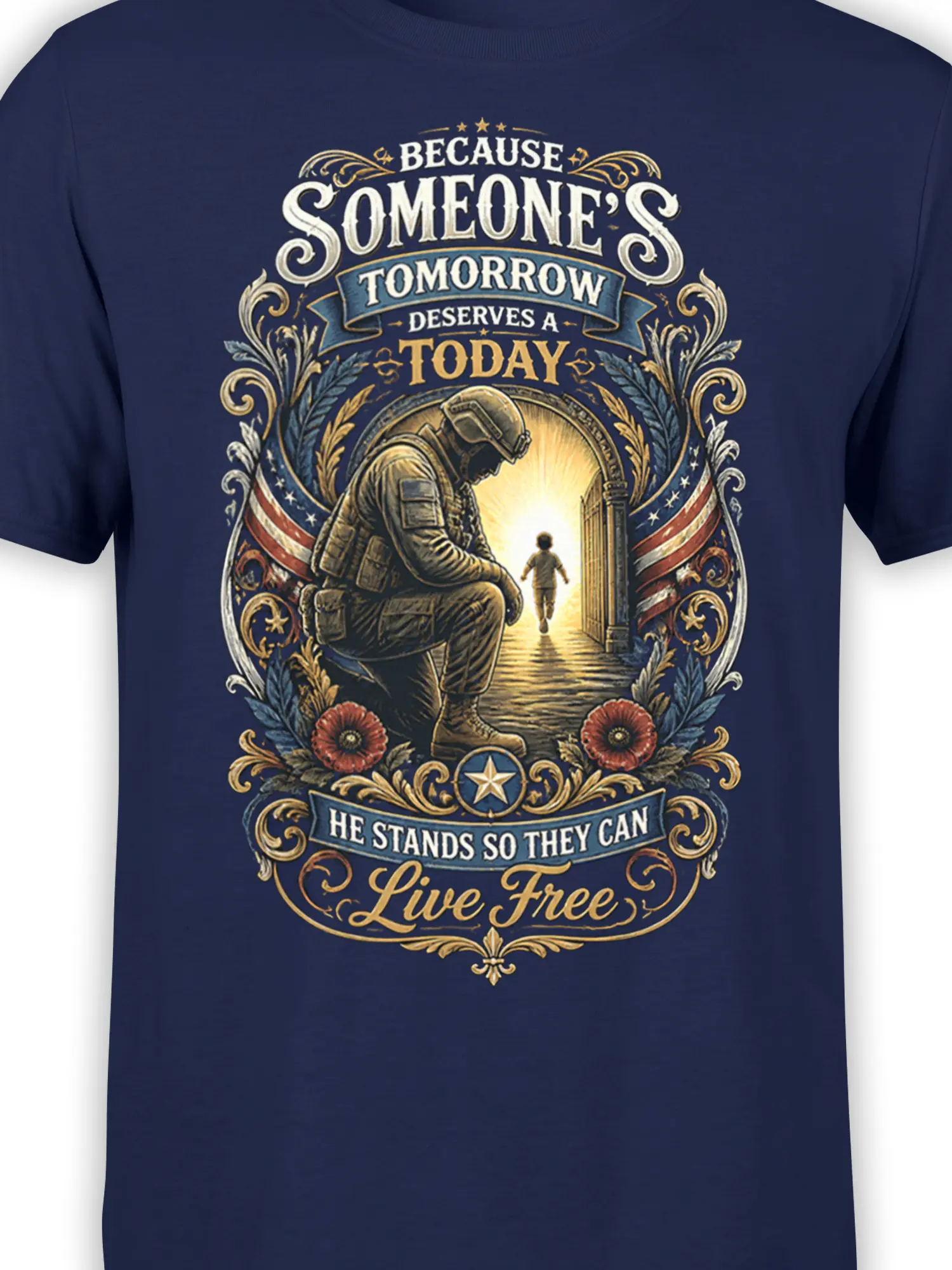 Close-up of navy military tribute design with kneeling service member, child, patriotic flags, flowers, and layered message