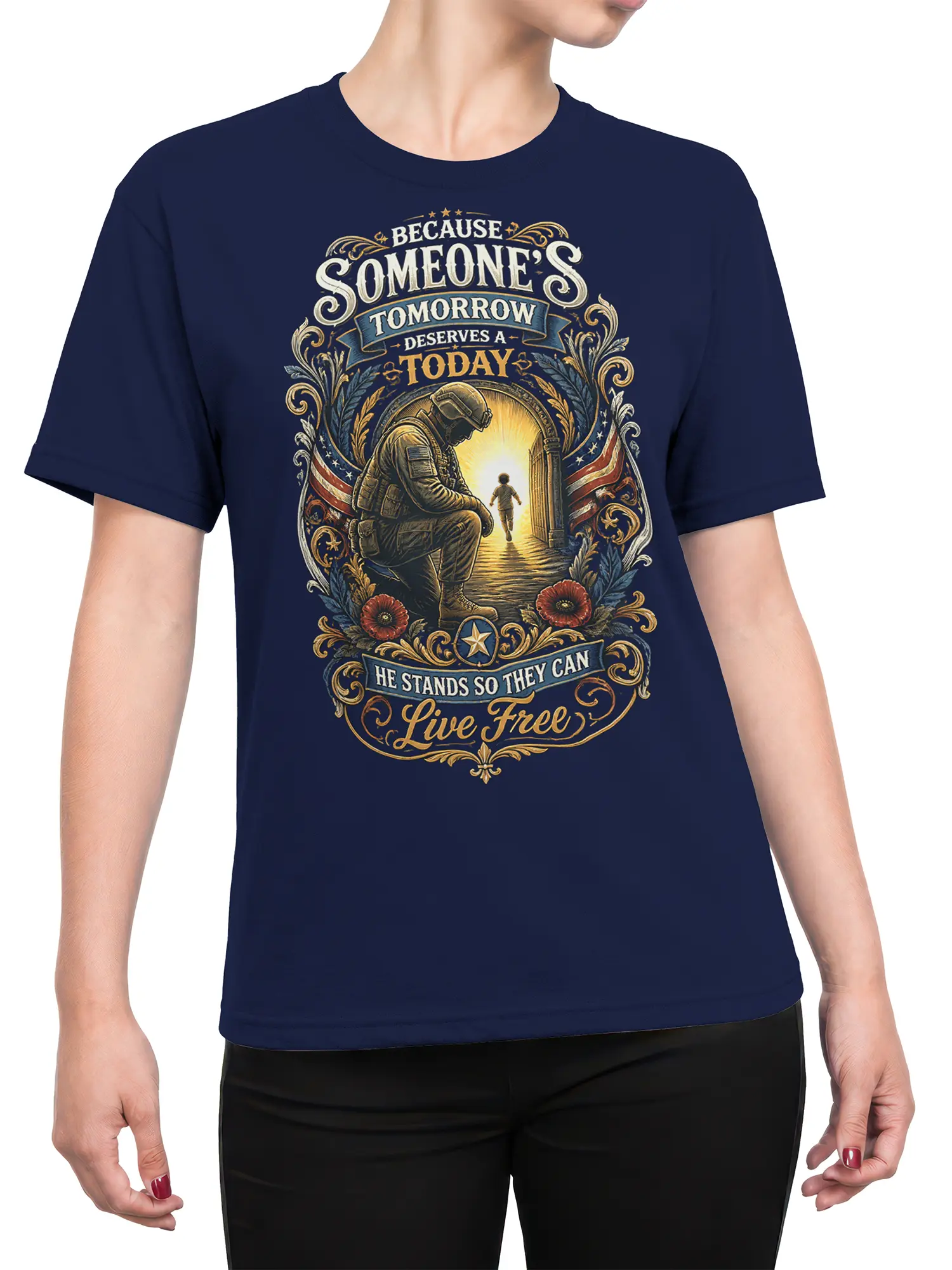 Female torso wearing a navy T-shirt with a vintage military tribute design, American flags, flowers, and freedom lettering