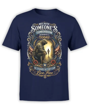 Vintage navy military tribute T-shirt with kneeling service member, child, American flags, flowers, and freedom message