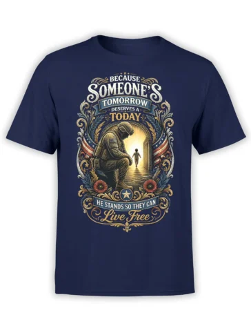 Vintage navy military tribute T-shirt with kneeling service member, child, American flags, flowers, and freedom message