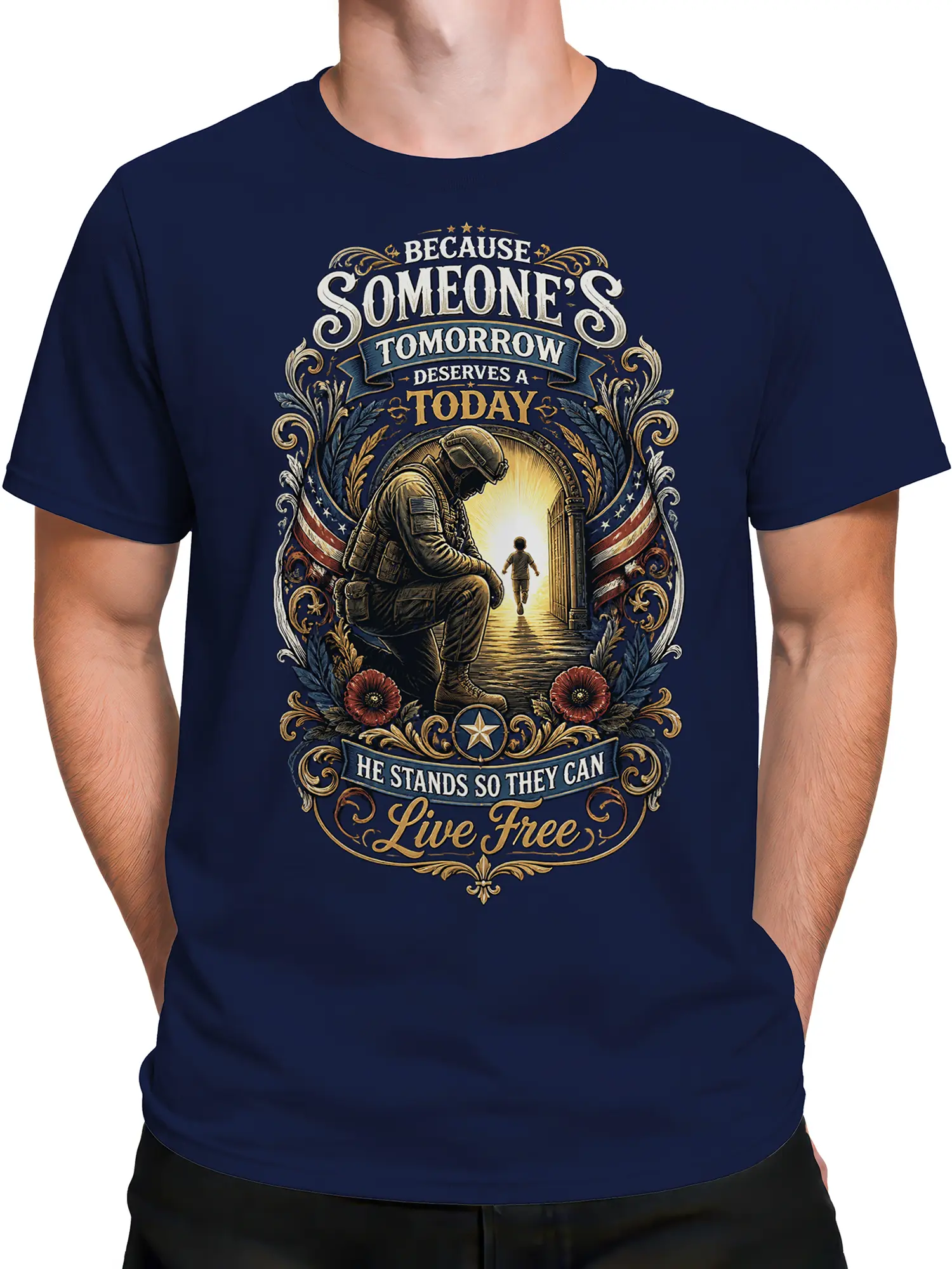 Male torso wearing a navy T-shirt with kneeling service member artwork, American flags, flowers, and vintage freedom lettering