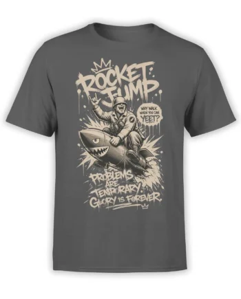 Charcoal gray T-shirt with a helmeted soldier riding a shark-faced rocket and bold cream lettering