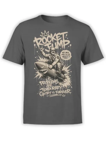 Charcoal gray T-shirt with a helmeted soldier riding a shark-faced rocket and bold cream lettering
