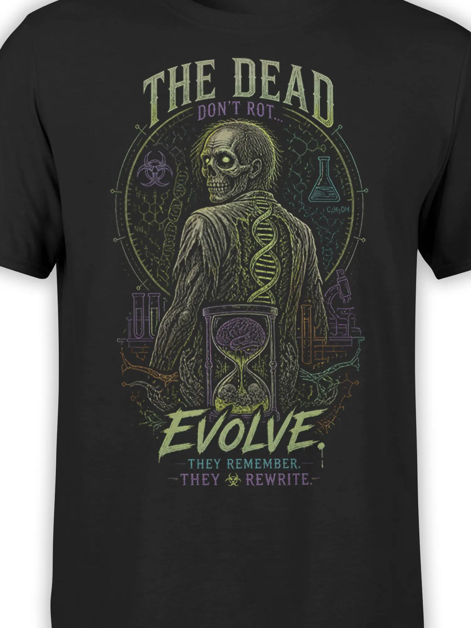 Close-up of black zombie graphic showing the skull figure, DNA helix, hourglass brain, flask, and colorful science details
