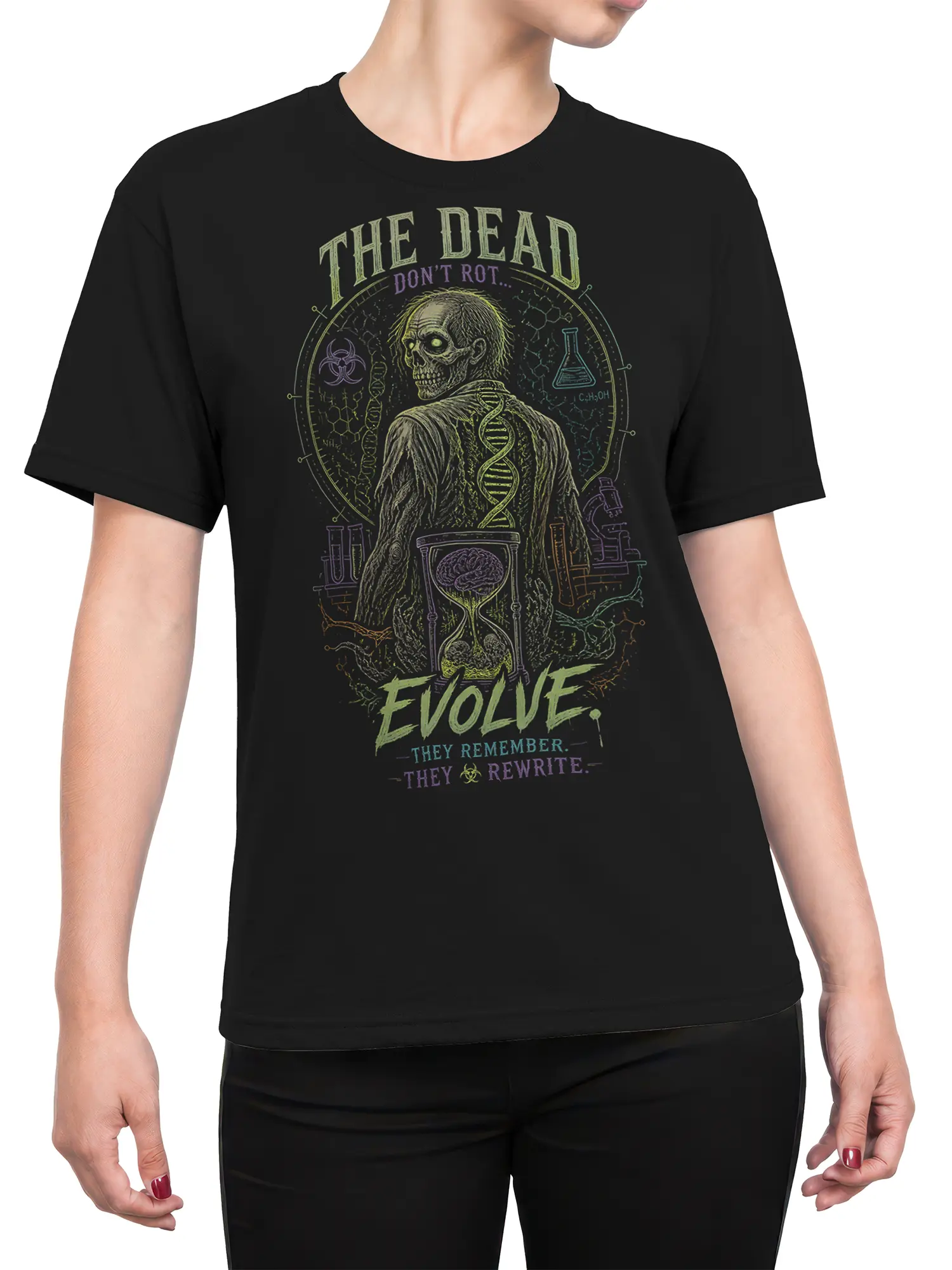Female torso wearing a black zombie science T-shirt with skull artwork, DNA symbols, and distressed evolution lettering