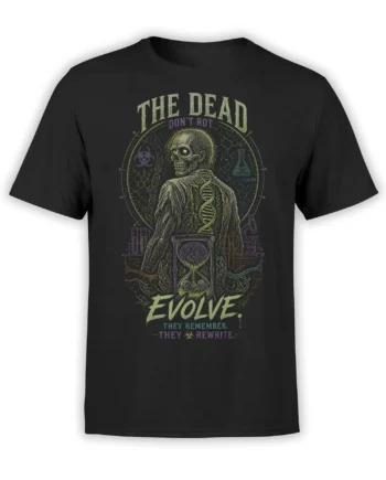 Black zombie science T-shirt with a skull figure, DNA strands, laboratory symbols, and evolution lettering