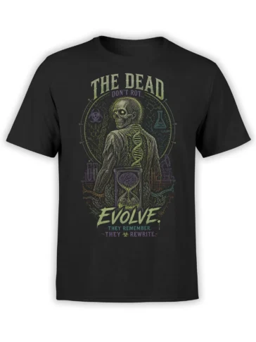 Black zombie science T-shirt with a skull figure, DNA strands, laboratory symbols, and evolution lettering