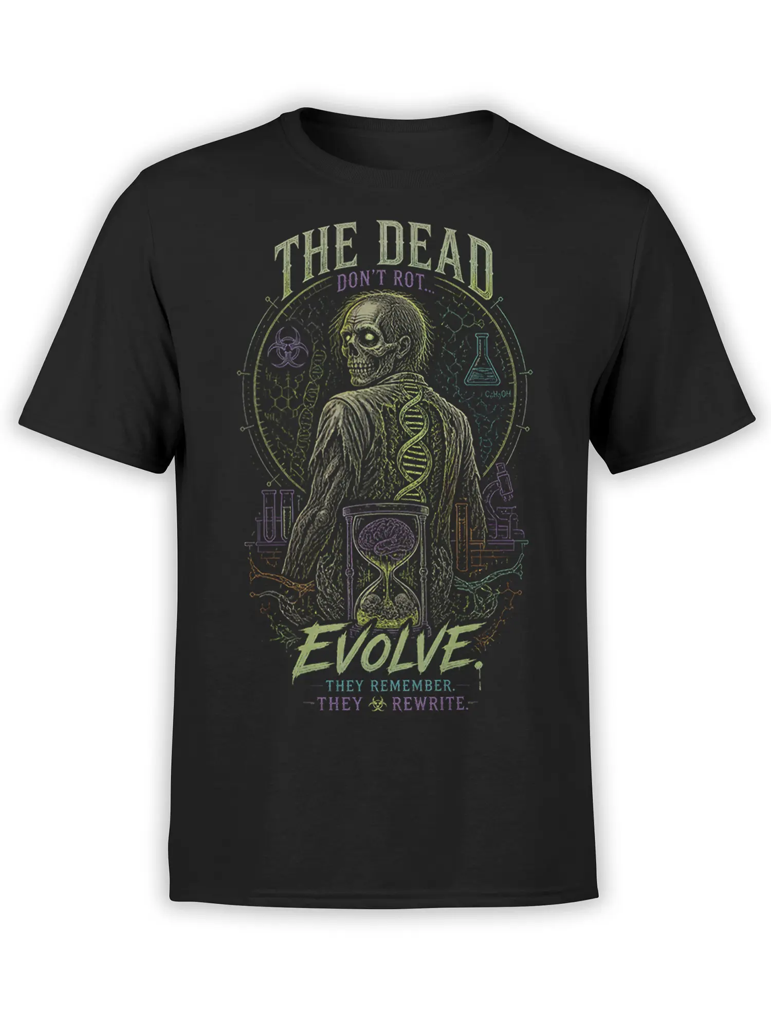 Black zombie science T-shirt with a skull figure, DNA strands, laboratory symbols, and evolution lettering