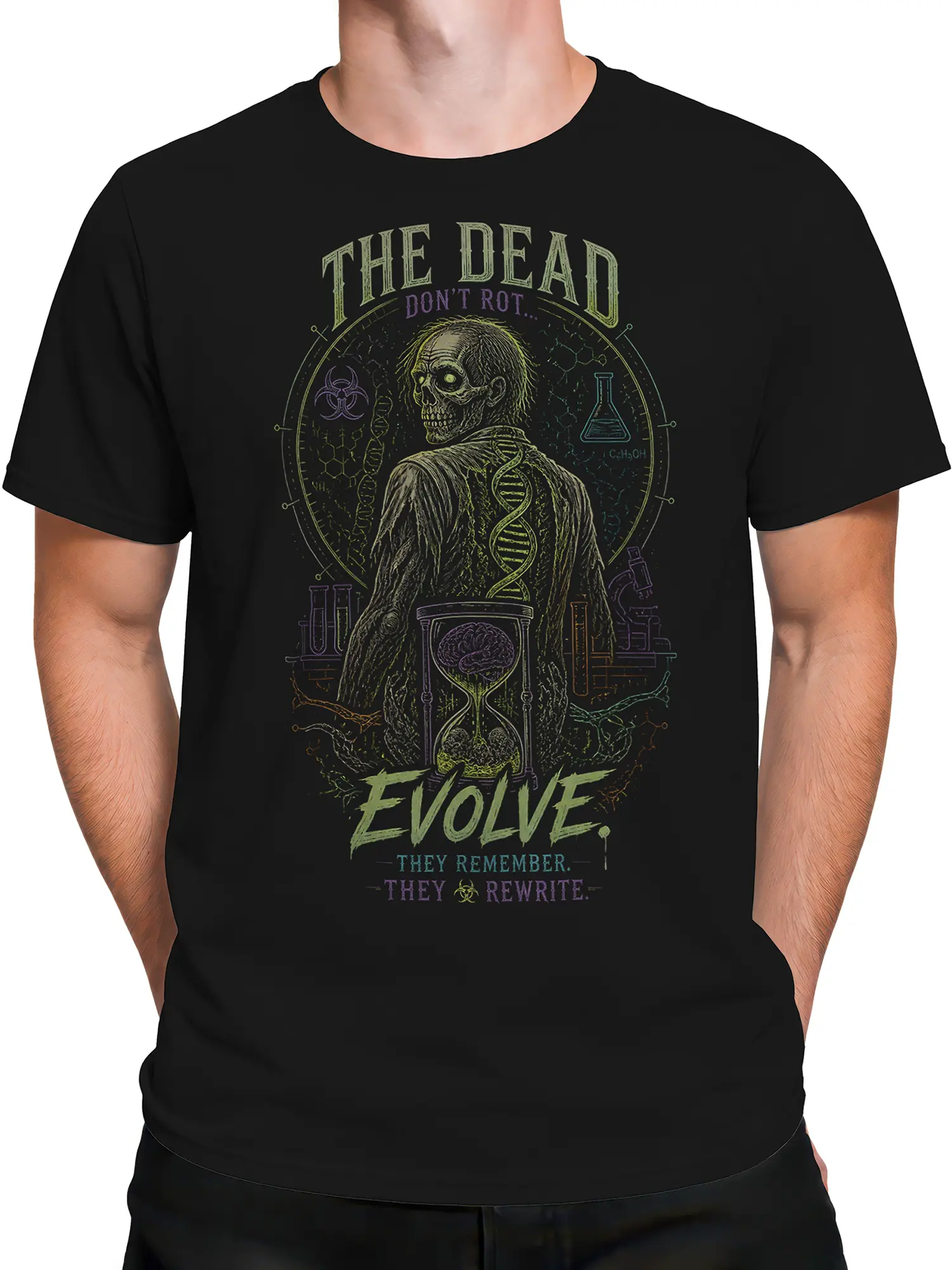 Male torso wearing a black zombie science T-shirt with skull artwork, DNA symbols, and distressed evolution lettering