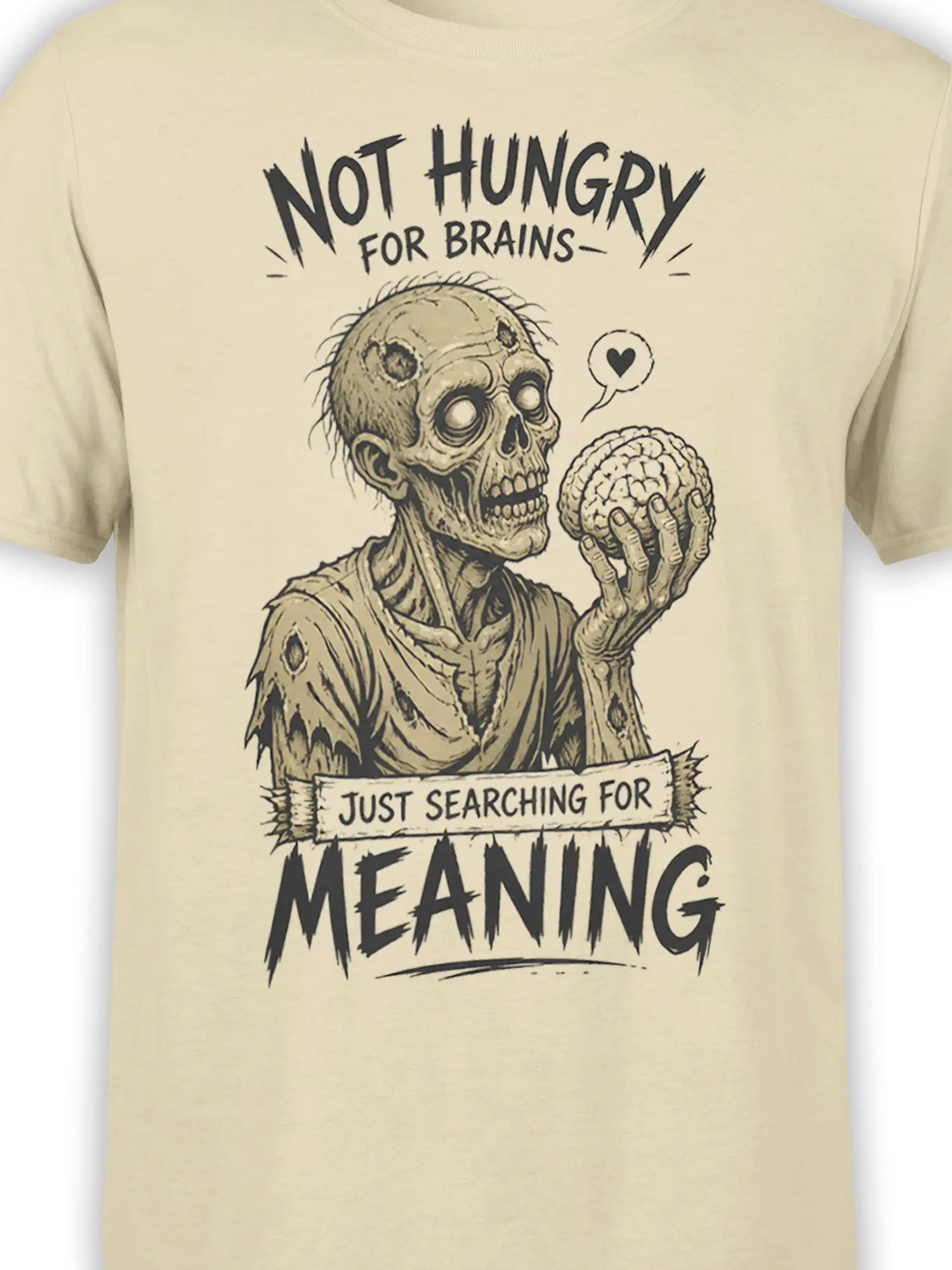 Close-up of beige zombie graphic with brain, heart bubble, and Just Searching for Meaning text